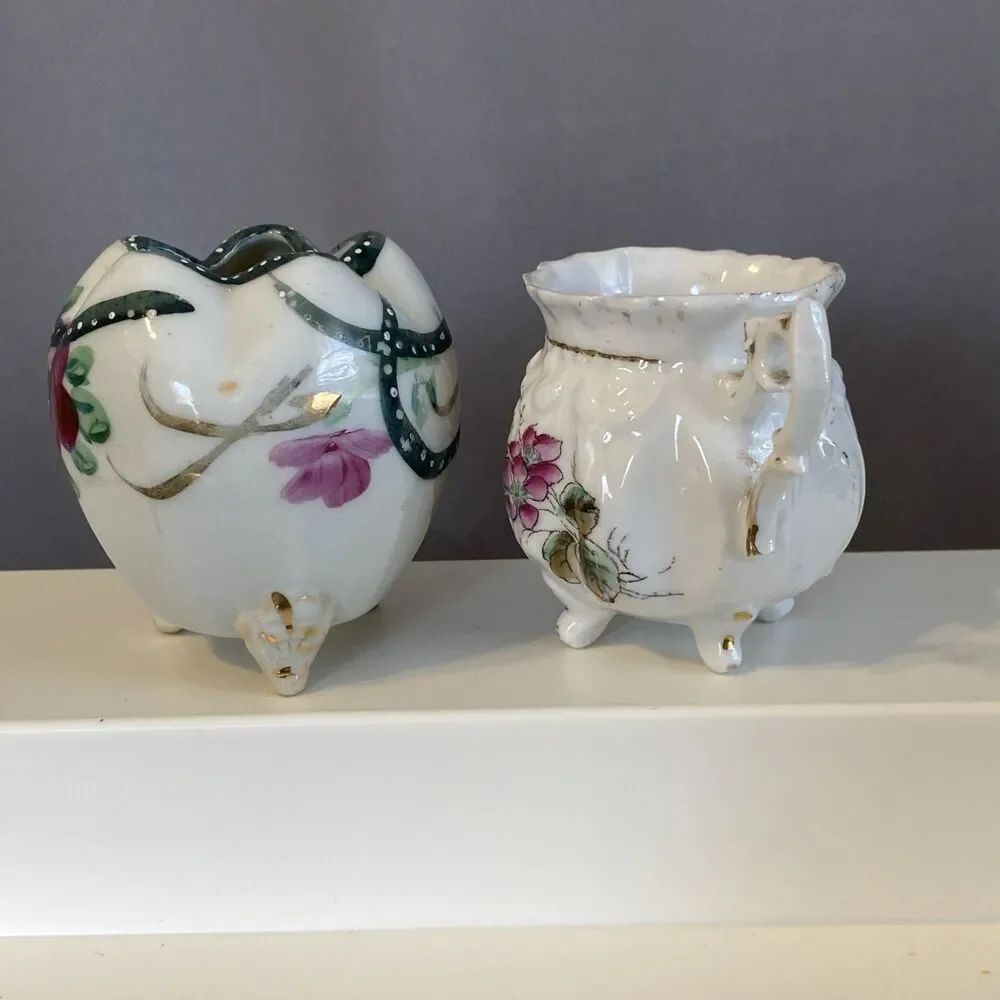 2 Vintage Toothpick Holders Floral Footed Gold Accent